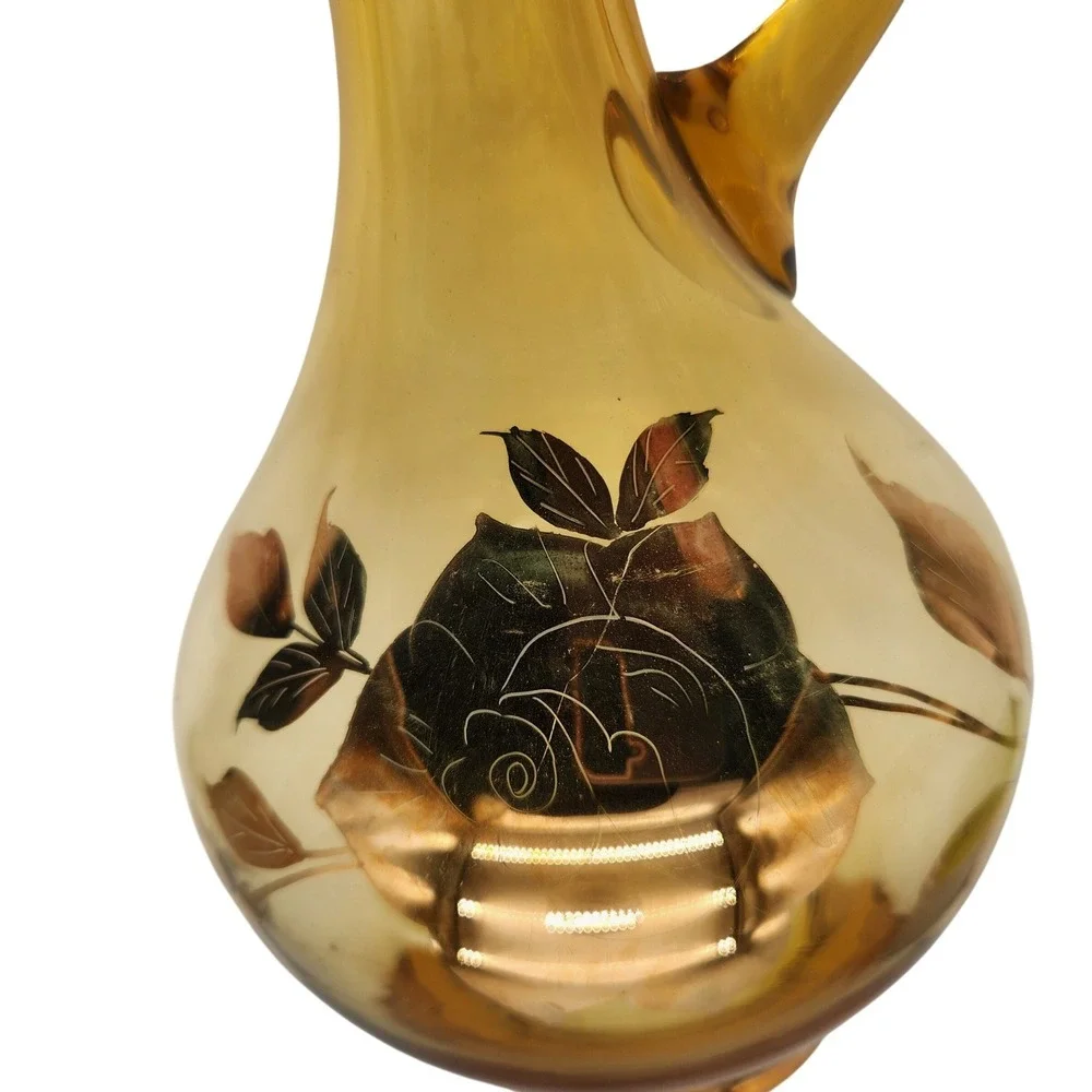 Vintage Moser MCM Limited Edition Amber Glass Decanter Gold Overlay Rose Floral‎